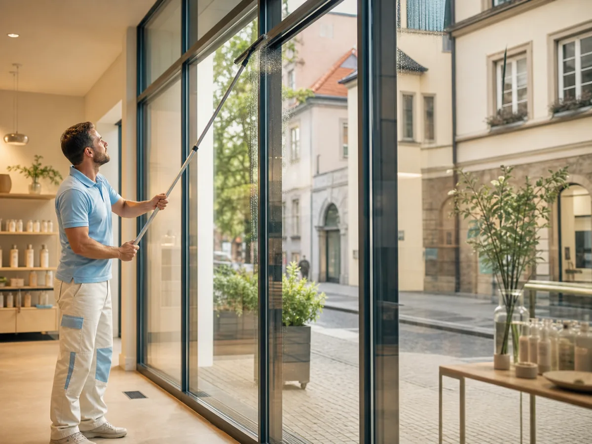 Reinigungskraft reinigt eine hohe Glasfront mit einer Teleskopstange